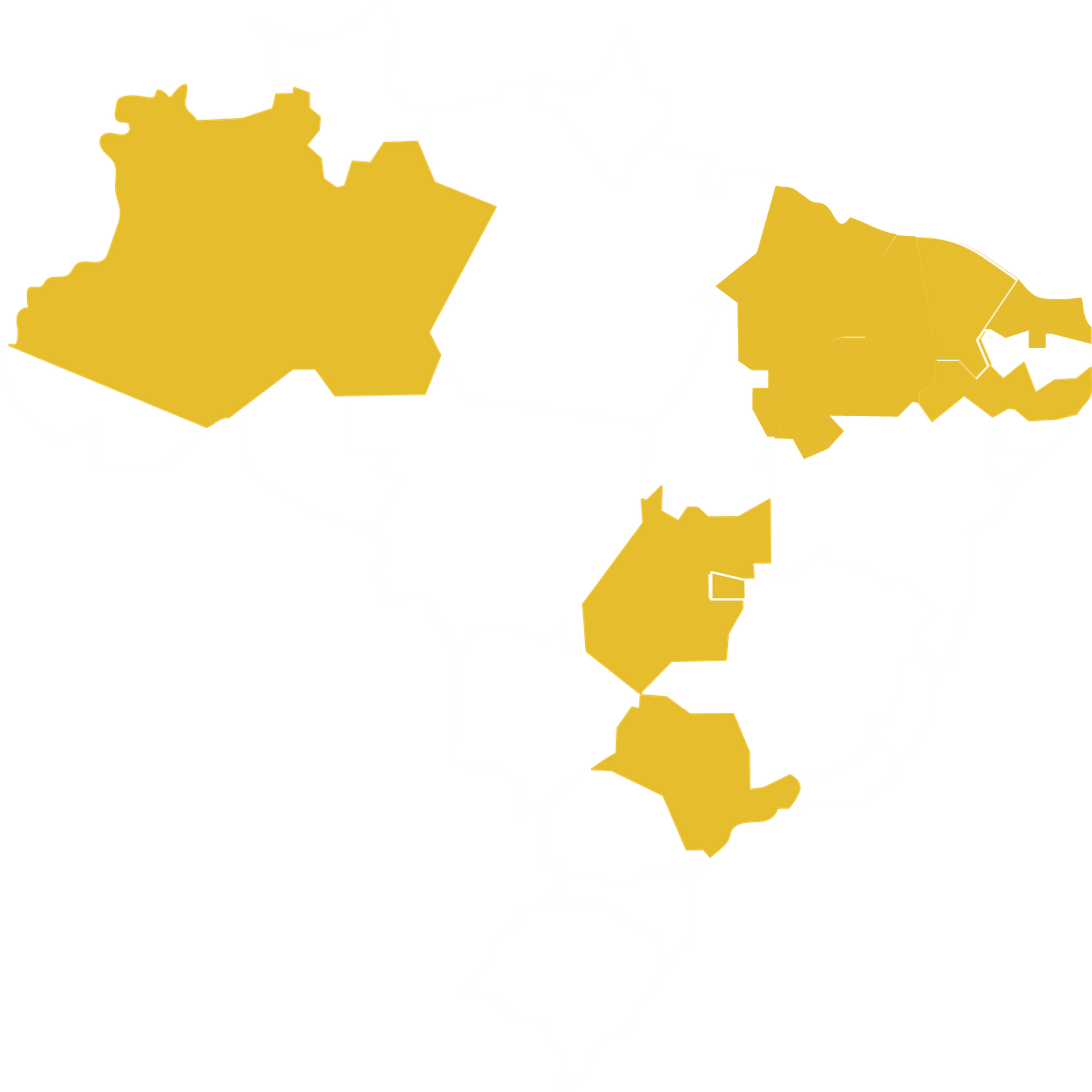 Mapa do Brasil com os estados de atuação do grupo destacados em amarelo